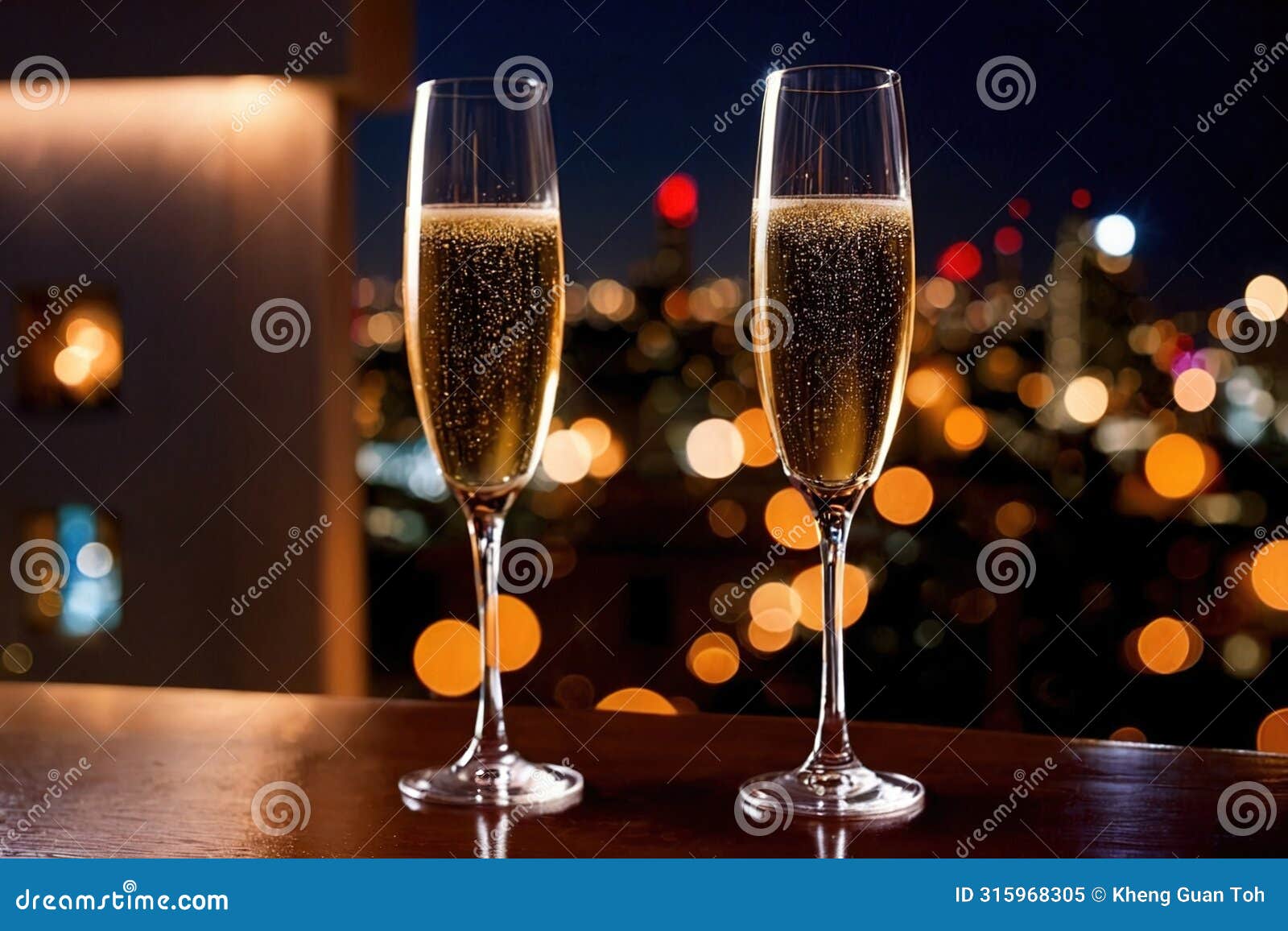 champagne glasses flutes on balcony overlooking city, festive special occasion