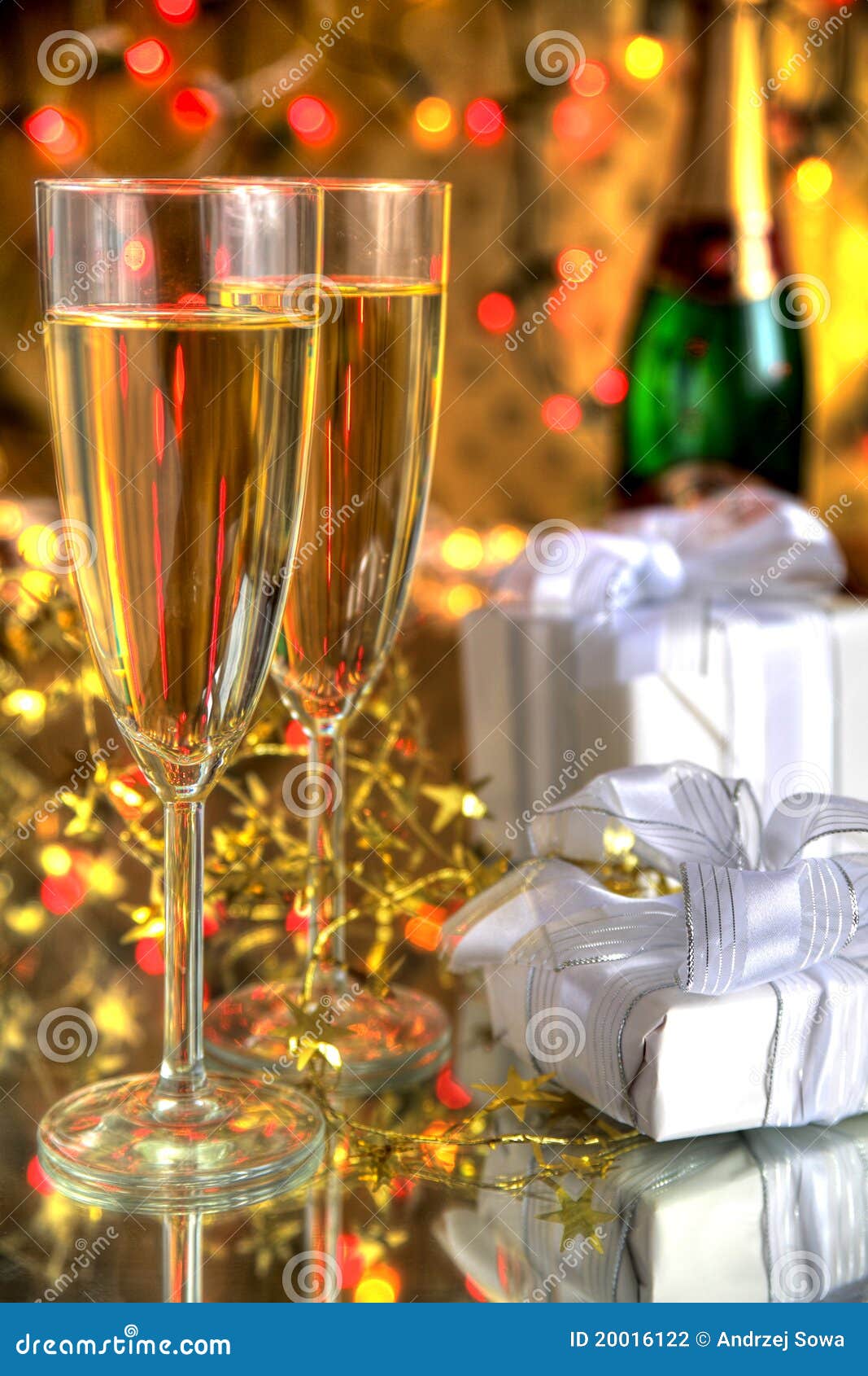 Champagne in Glasses, Gift Box and Lights Stock Photo Image of drink