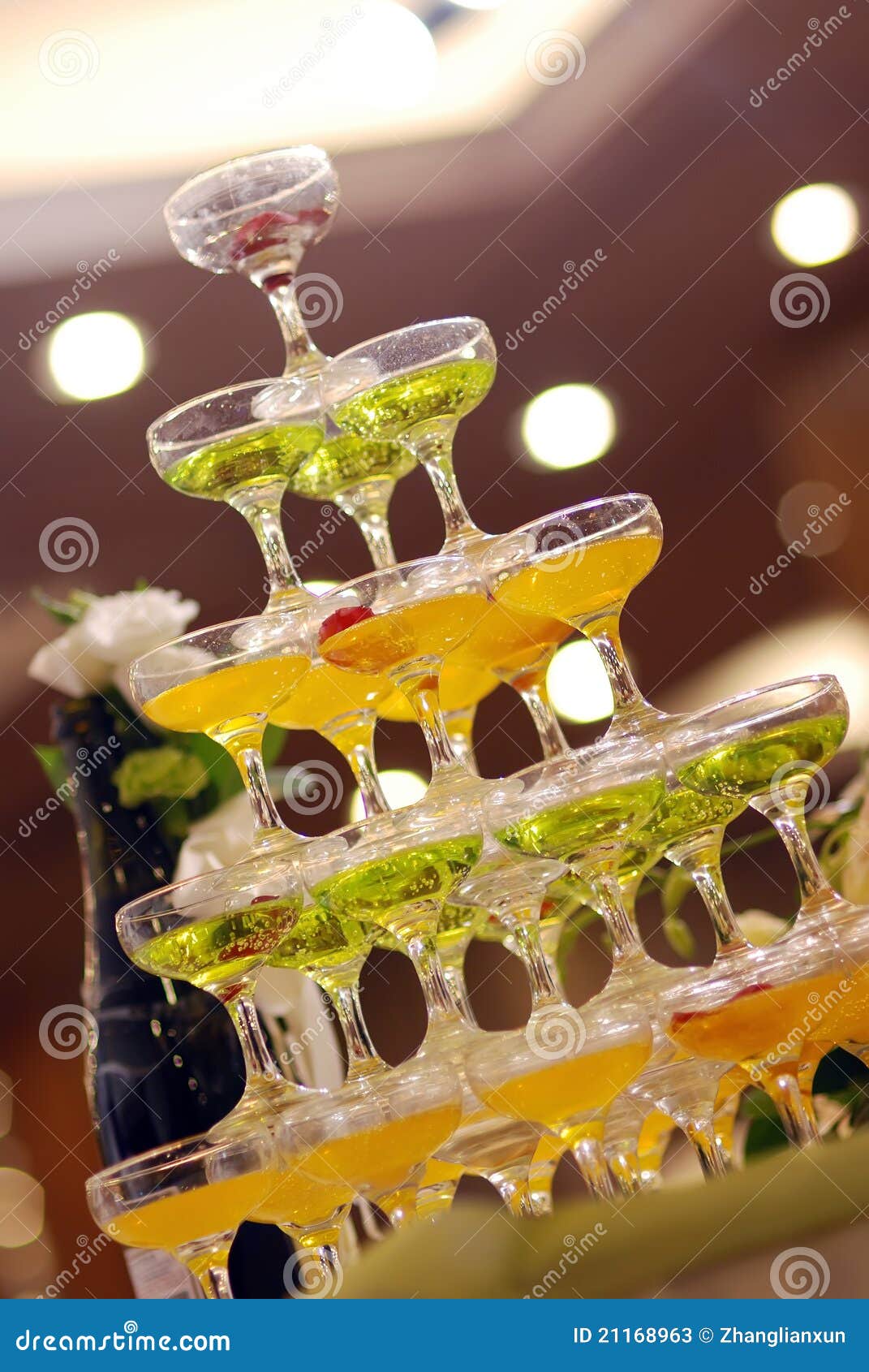Champagne glasses tower stock image. Image of flowers 21168963