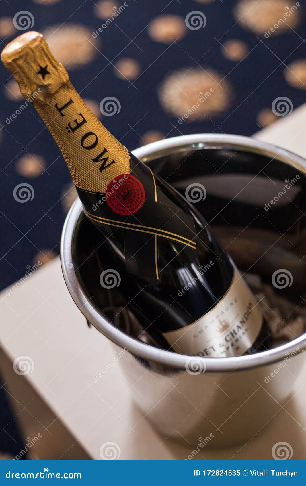 Champagne Moet Stands in an Ice Bucket. Editorial Image - Image of