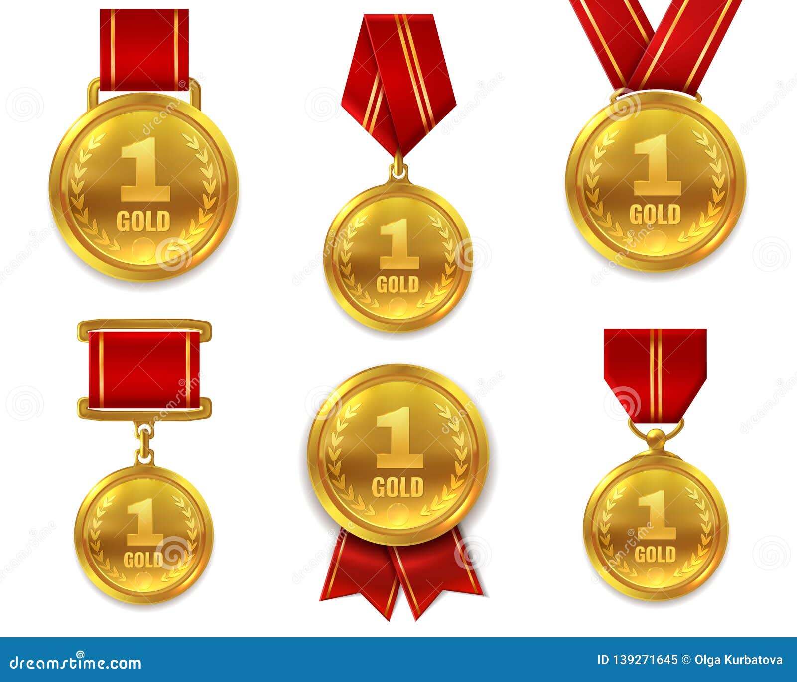 champion gold medals. award winner trophy golden medal sport reward competition first best hero red ribbon coin prize