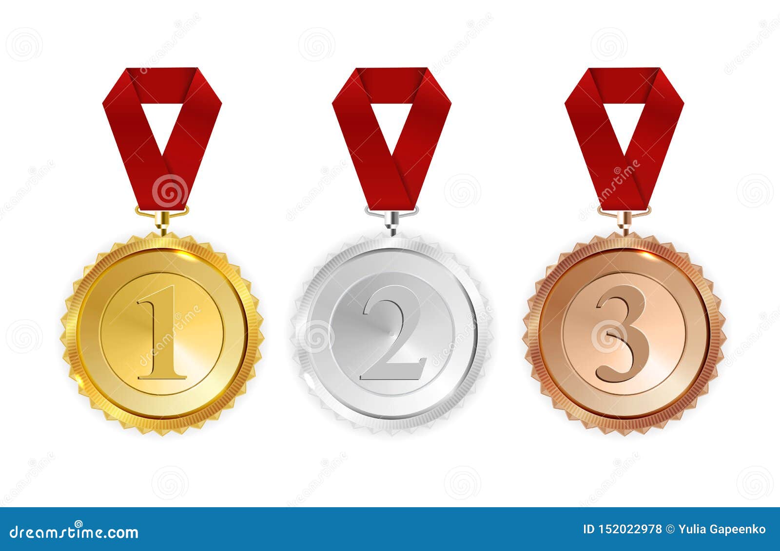 champion gold, silver and bronze medal with red ribbon icon sign first, secondand third place collection set  on white