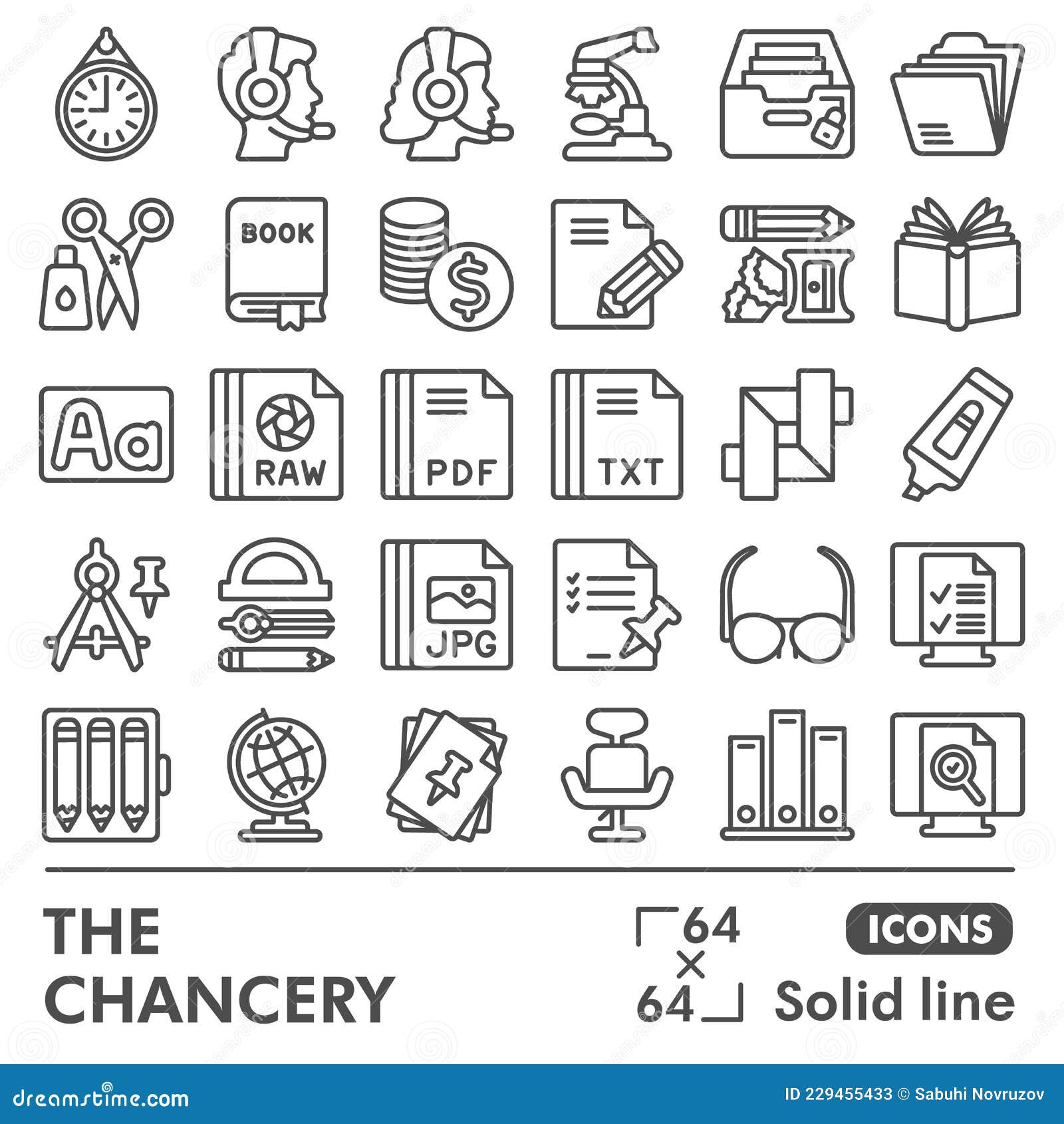 chancery line icon set, files and documents s collection or sketches. office supplies soild line linear style