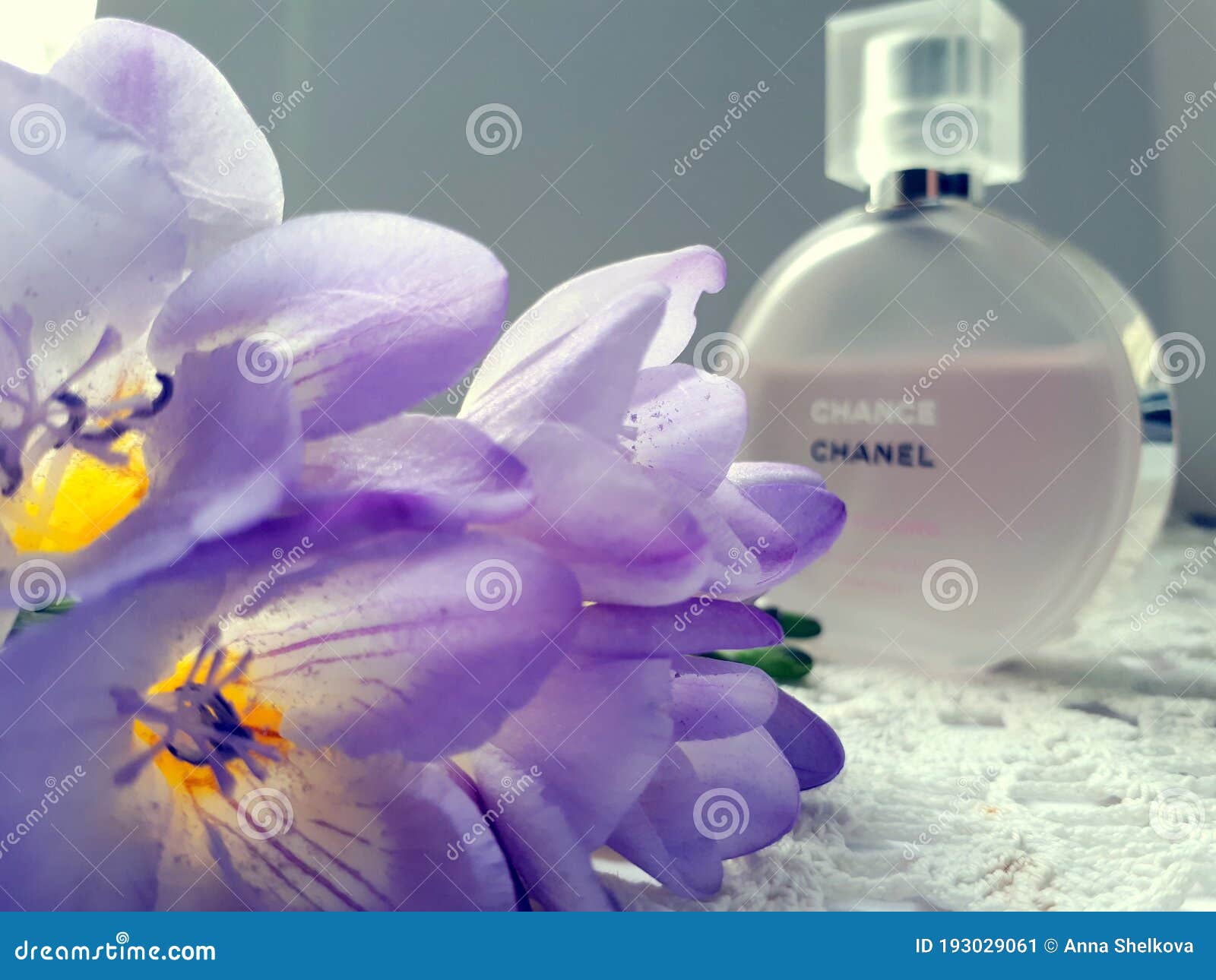 Chanel Chance Perfume a Background of Beautiful Purple Flowers