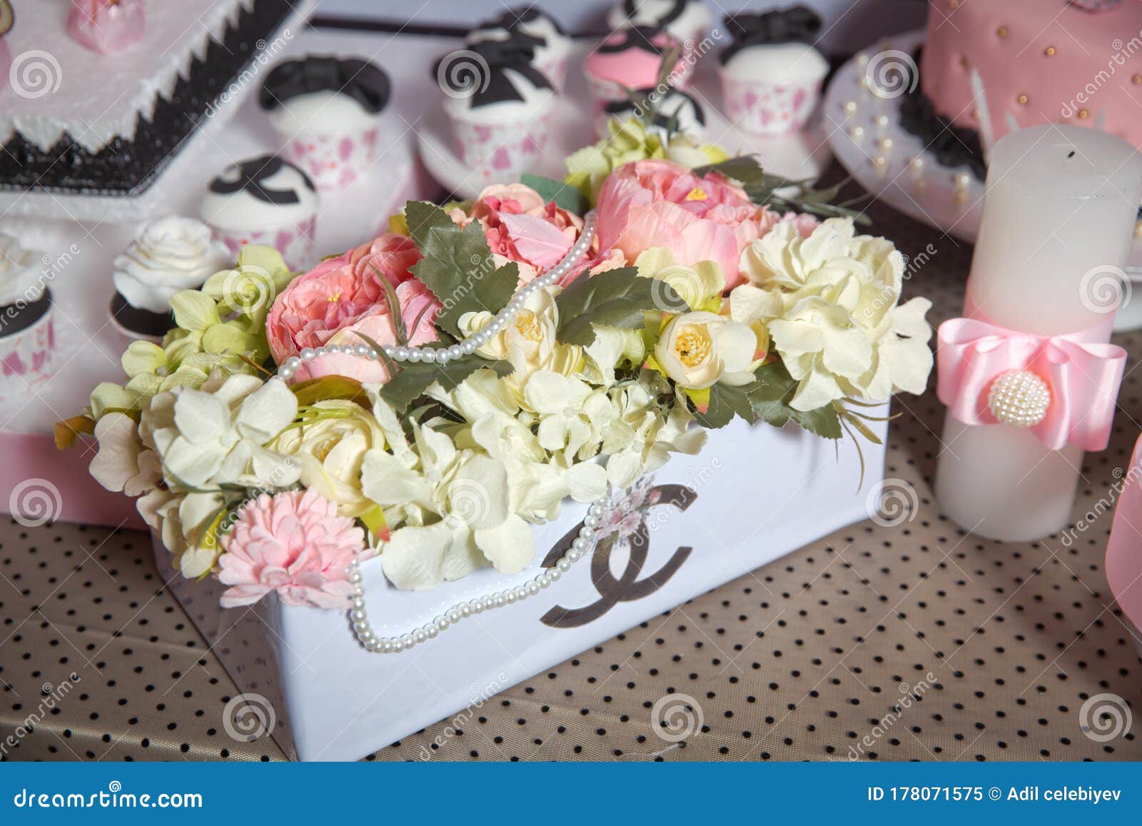 chanel theme customized cake smash candy bar birthday party baku azerbaijan pearls white box artificial pink yellow flowers 178071575