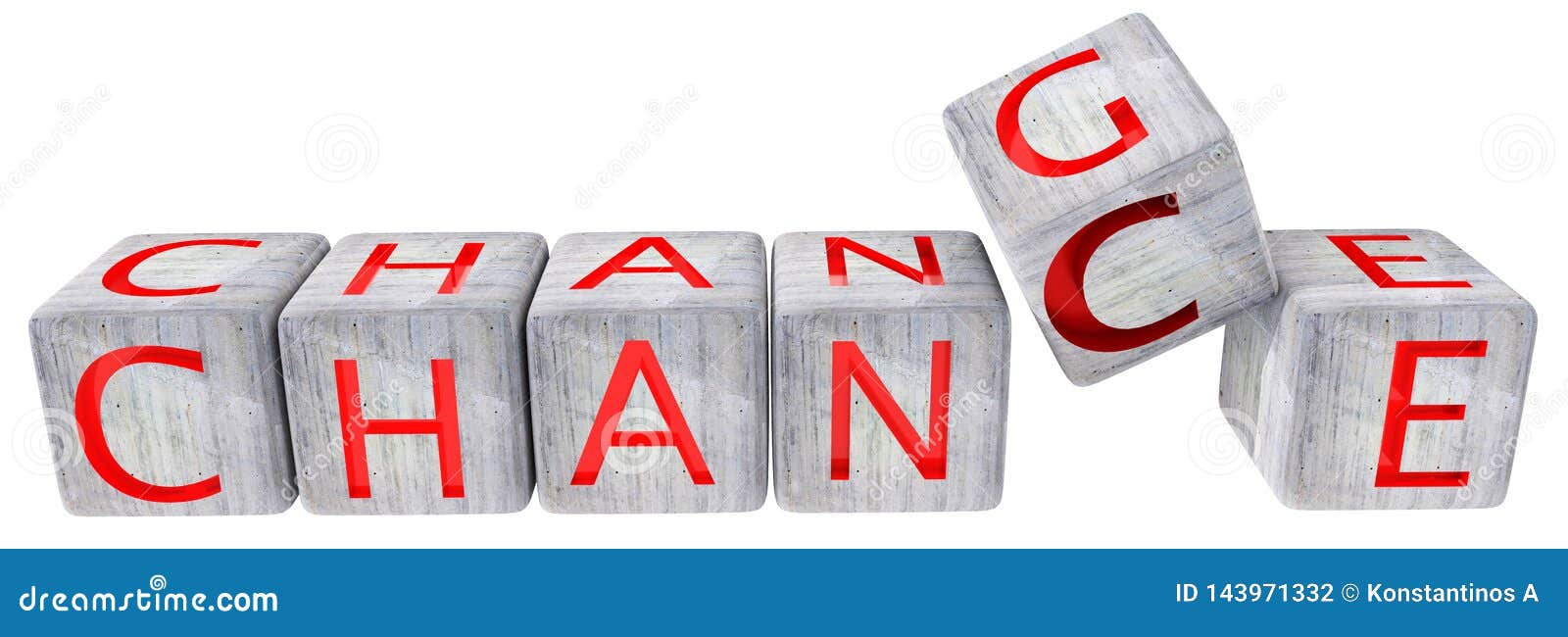 Change chance cement dice red text - 3d rendering. Change chance cement dice red text isolated in white background - 3d rendering