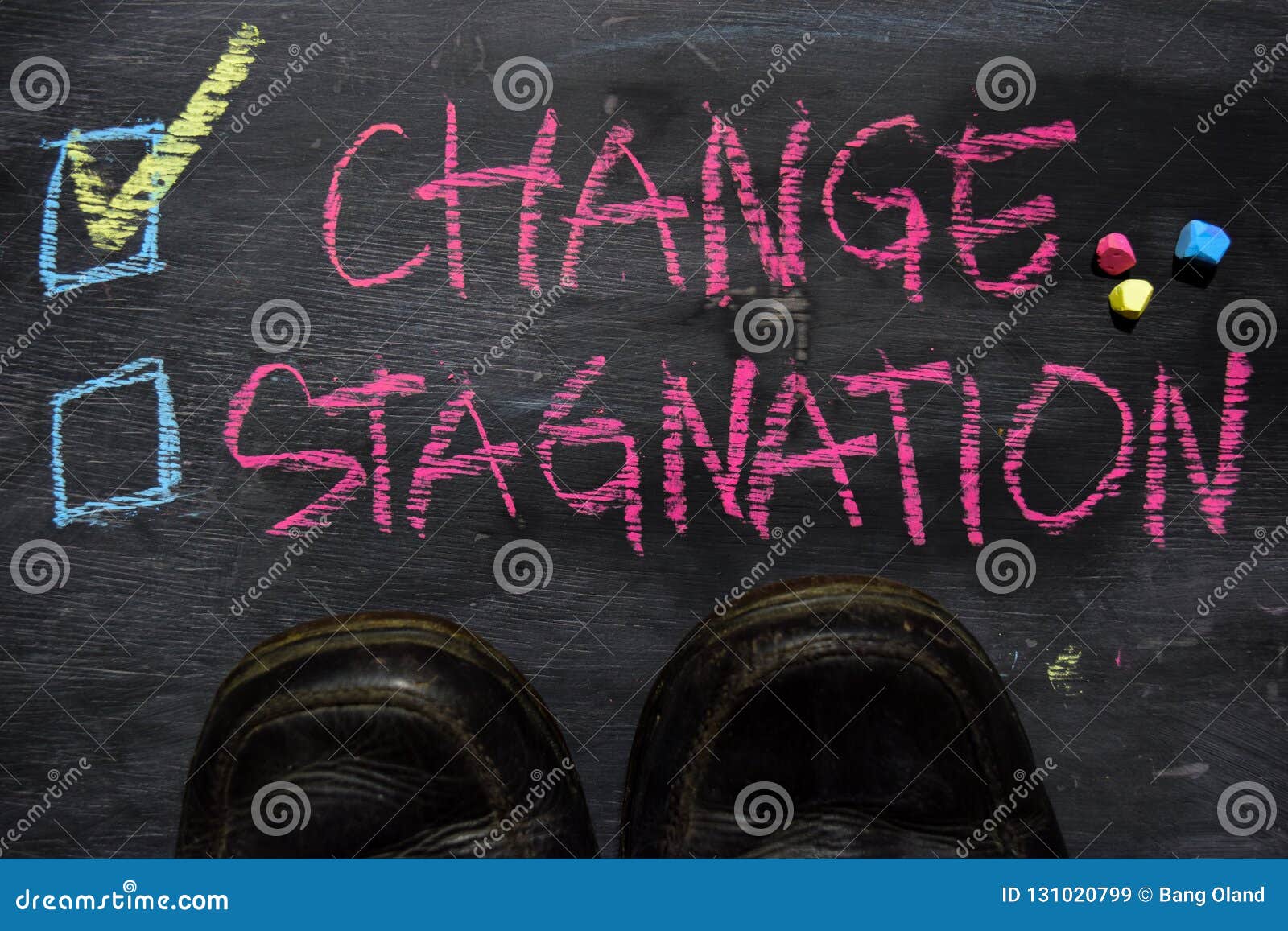 change or stagnation written with color chalk concept on the blackboard