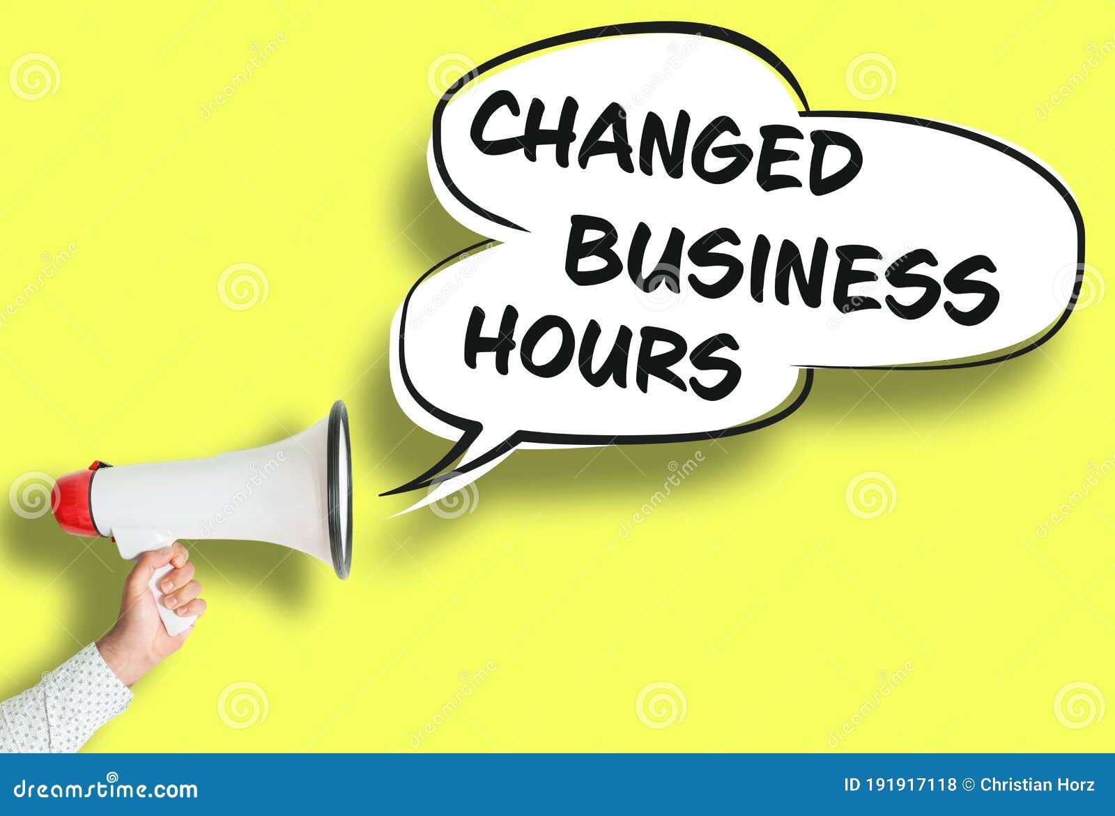CHANGED BUSINESS HOURS Poster or Sign with Megaphone and Speech Bubble