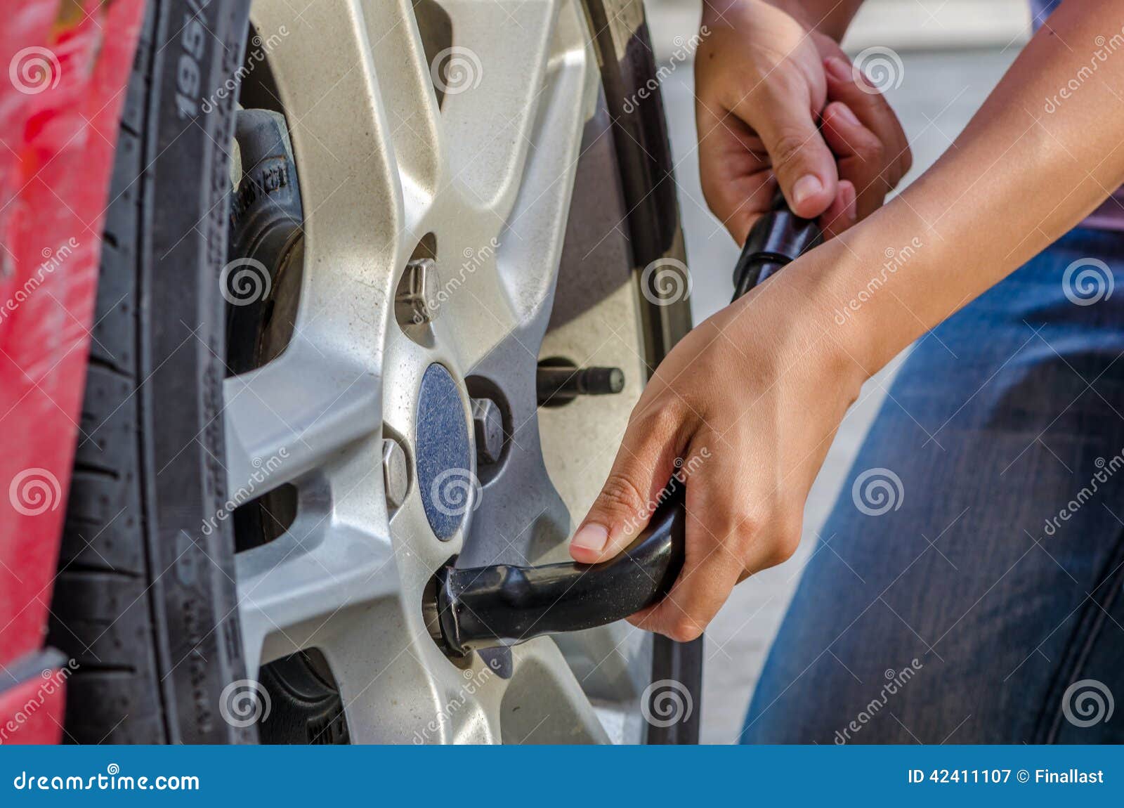 Changing Tire with Wheel Wrench Stock Image Image of flat, motor