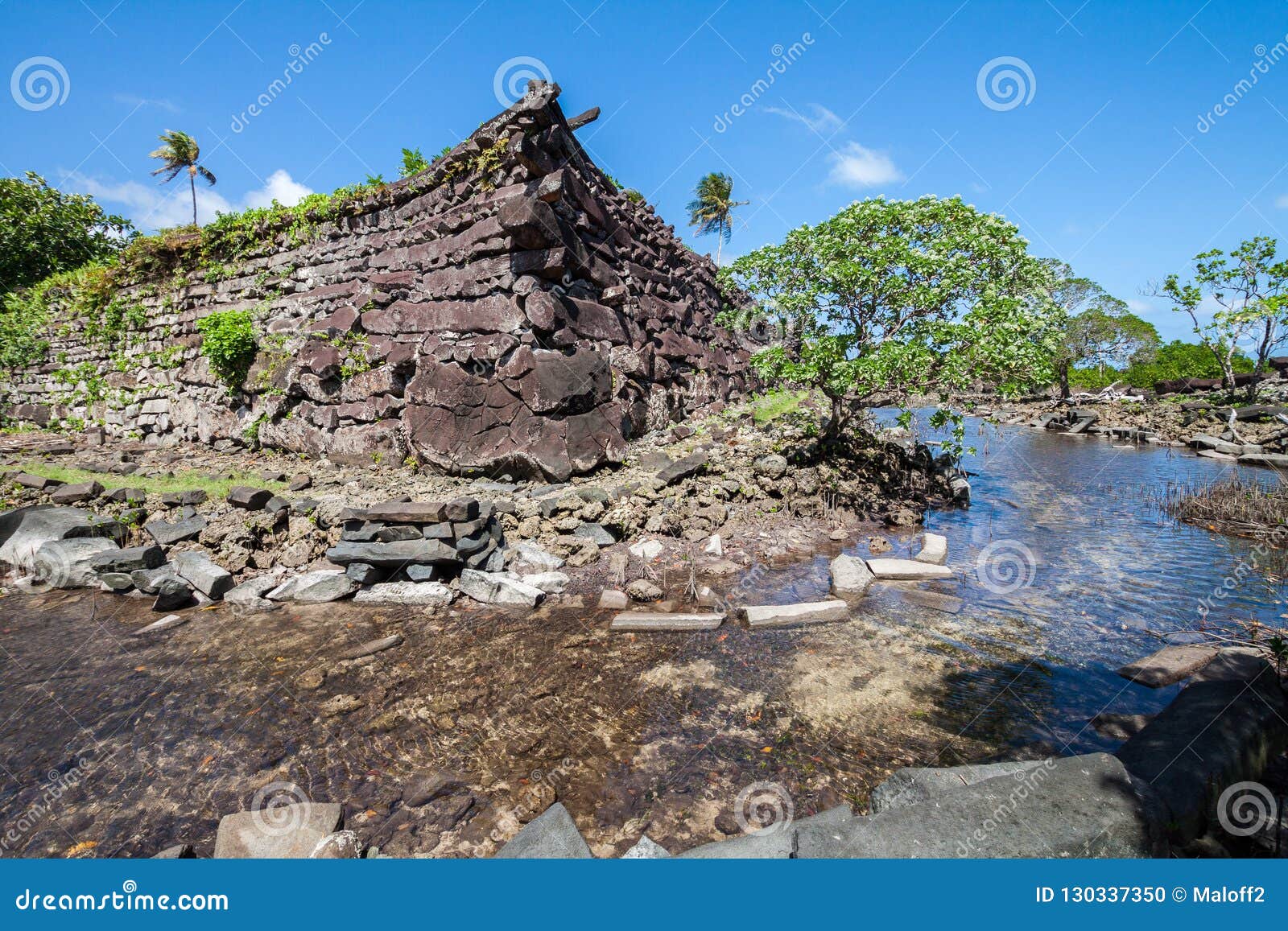 a channel and town walls in nan madol - prehistoric ruined stone city. pohnpei, micronesia, oceania.