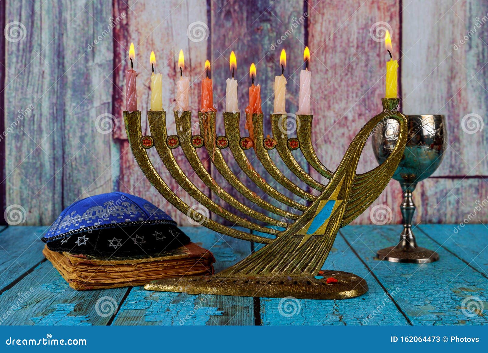 chanukah candles all a jewish  with kosher wine celebration and kipah