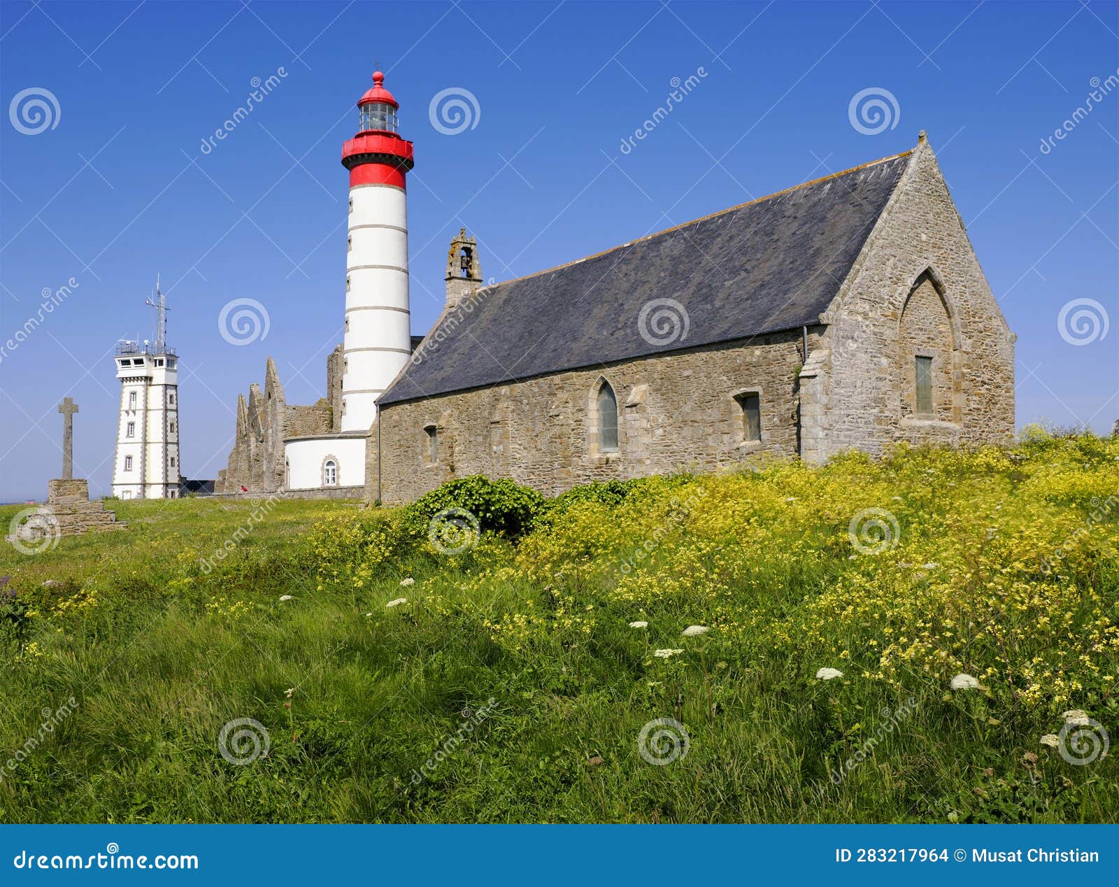chapel and lighthouse at saint-mathieu in france.