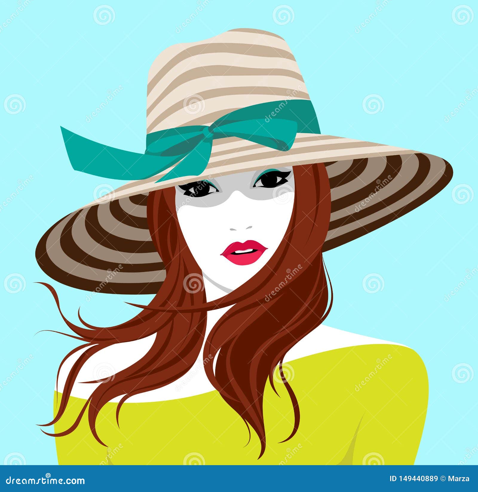 Chap?u vestindo da praia da mulher. Vector portrait of beautiful young relaxed woman with long wavy red hair wearing large striped beach hat for sun protection and skin care during vacation traveling