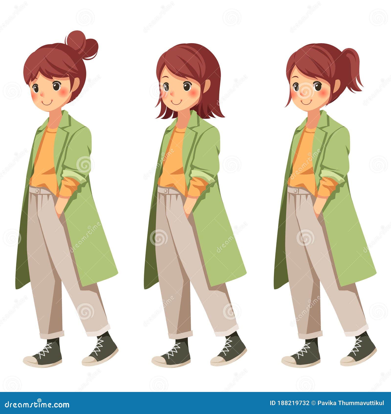 Character Cartoon Women Wearing Yellow Jackets, Green Coats and  Cream-colored Pants Stock Vector - Illustration of cute, fashion: 188219732