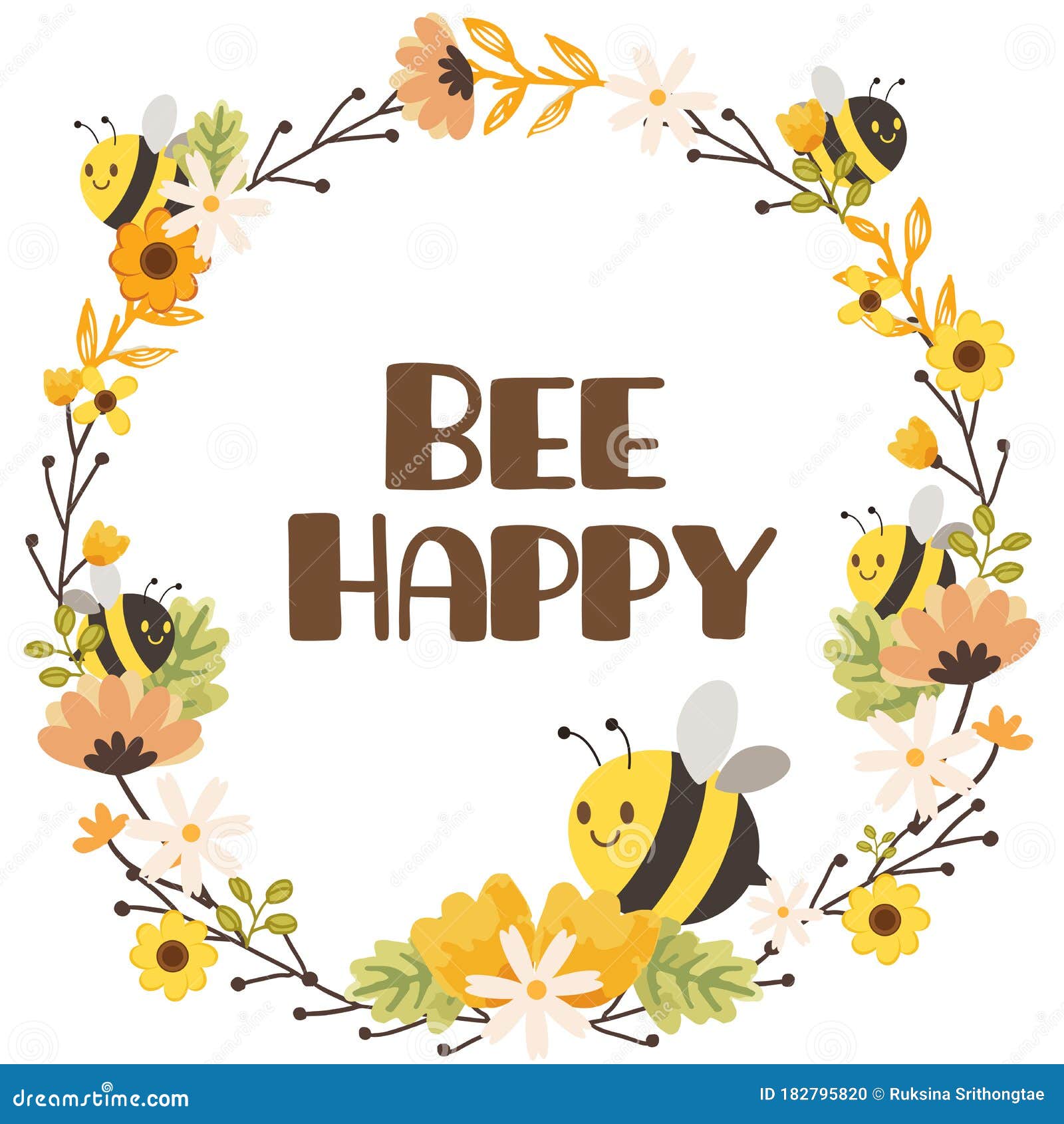 Download The Character Of Cute Bee With Flowerring And Text Of Bee Happy On The White Background In Flat Vector Style Stock Vector Illustration Of Design Background 182795820