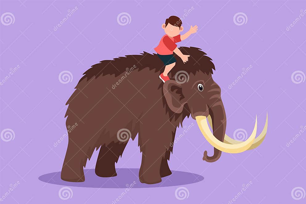 Character Flat Drawing of Bravery Little Boy Caveman Riding Woolly ...