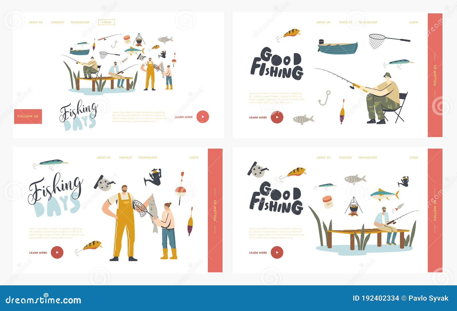 characters fishing hobby landing page template set. fishermen having good catch. father with daughter catching fish