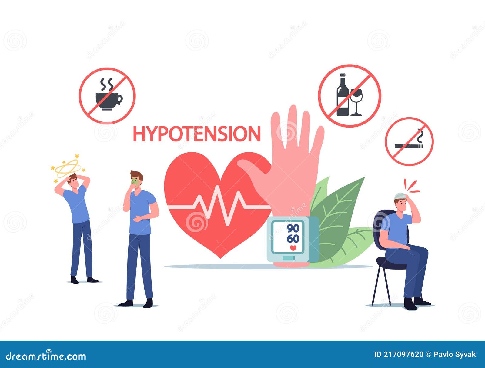 characters with hypotension symptoms measuring arterial blood pressure, cardiology diseases. people with tonometer