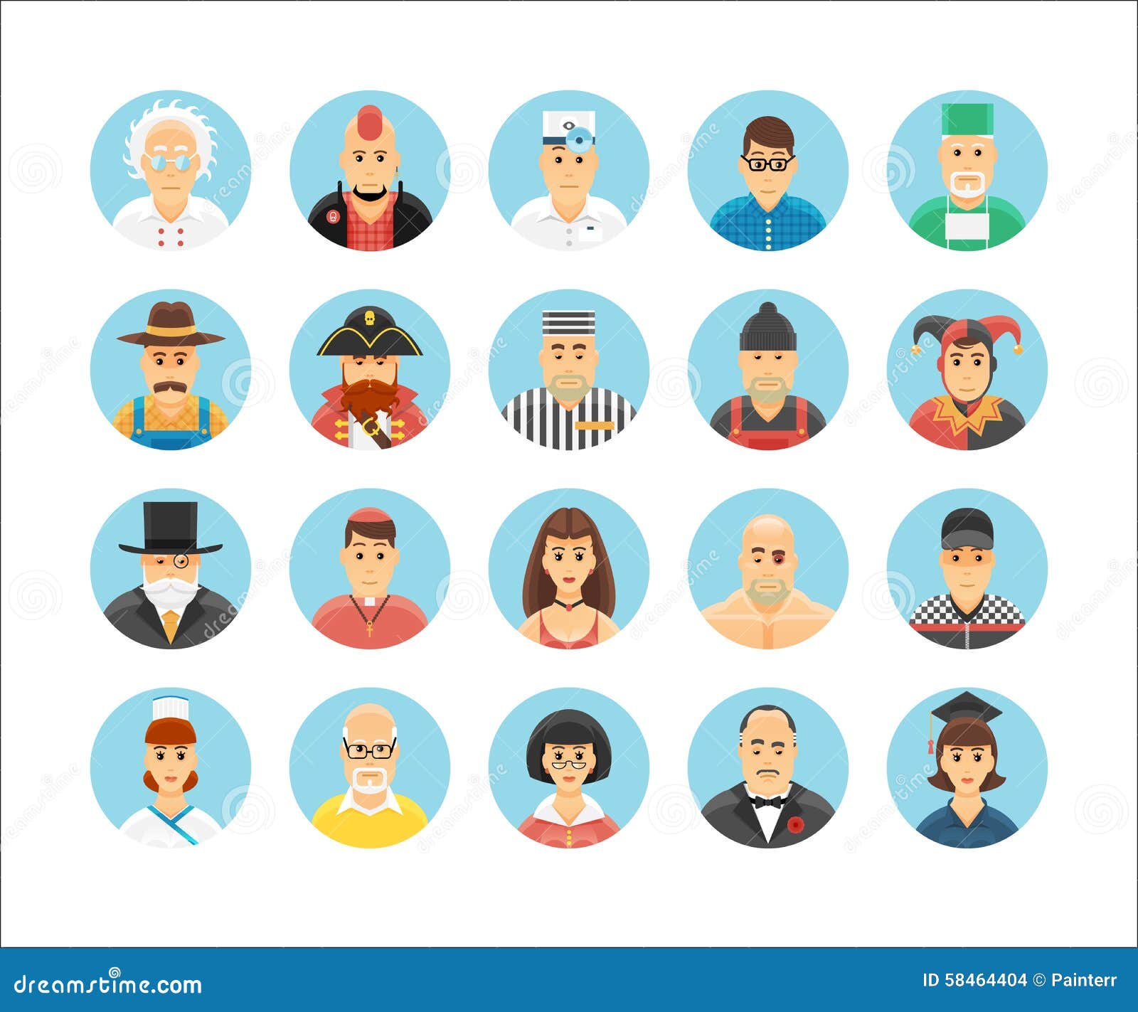 characters and persons icons collection. icons set illustrating people occupations, lifestyles, nations and cultures.