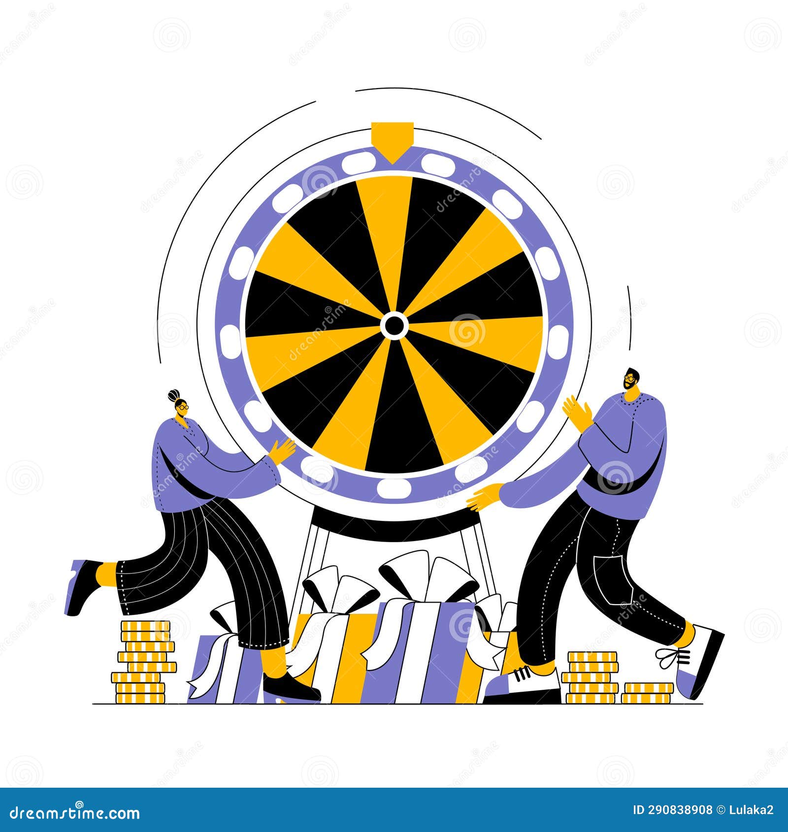 Characters Spin the Wheel of Fortune and Win Prizes Stock Illustration