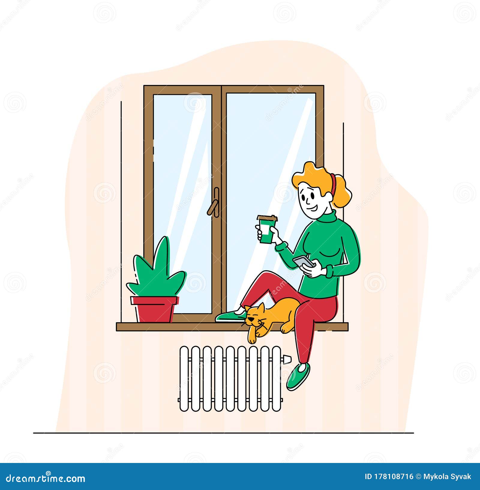 Charakter Der Jungen Frau, Der Mit Dem Fensterbrett Katzenholdingschale Und Trinkendem Kaffee