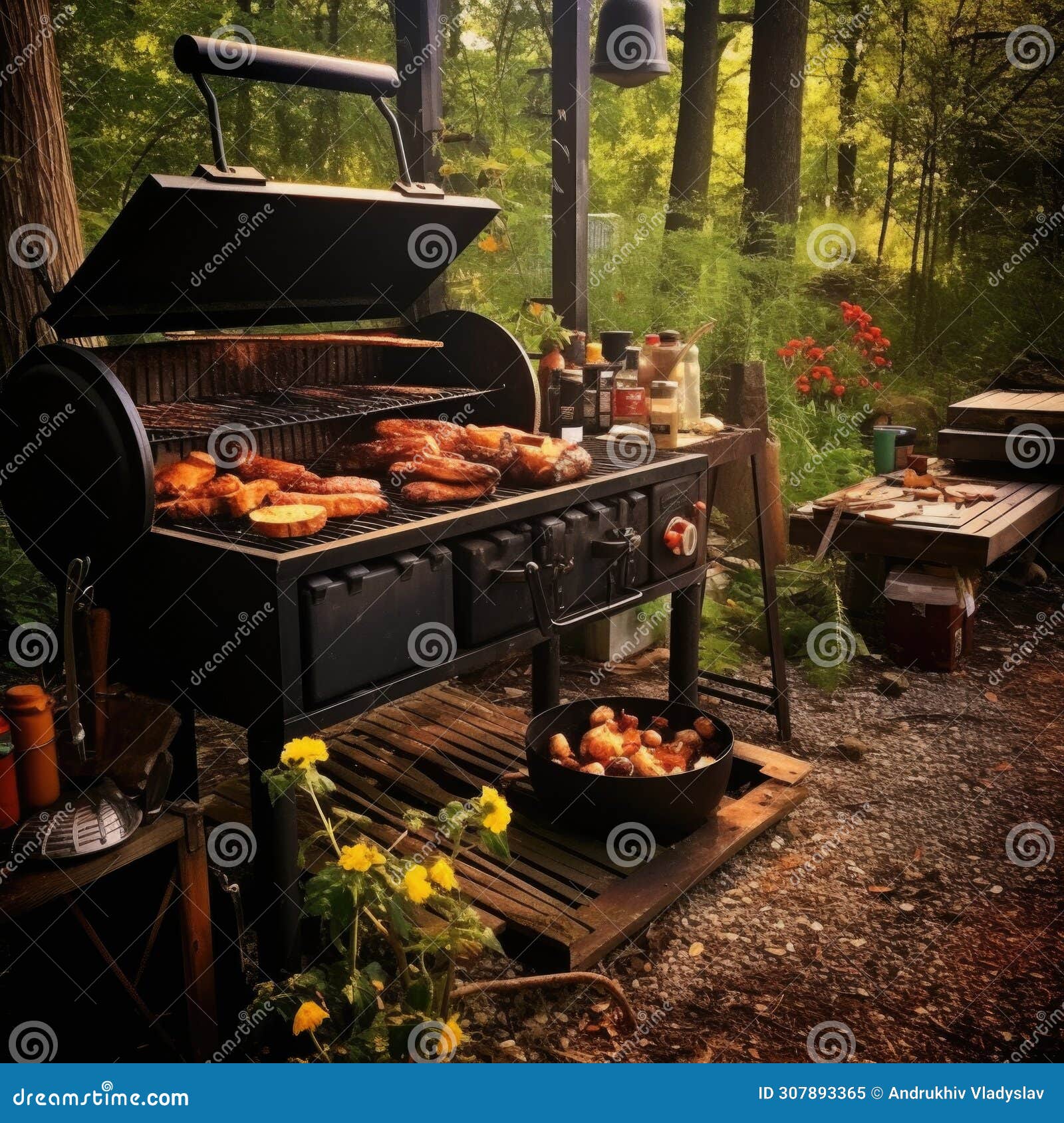 Charcoal BBQ, Cast Iron Grill, Woodfired Cooking Stock Illustration