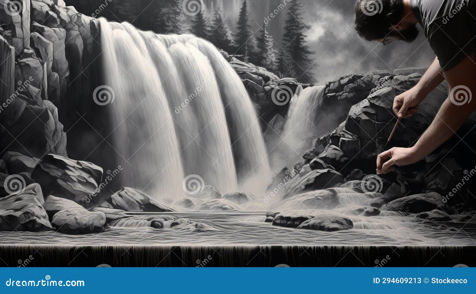 Charcoal Drawing Capturing the Beauty of a Waterfall in Black and