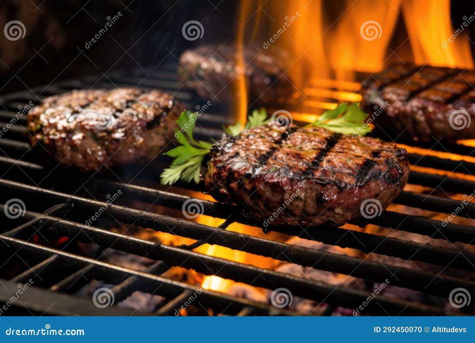 Charcoal Grill with Fresh Beef Patties Cooking Stock Photo Image of