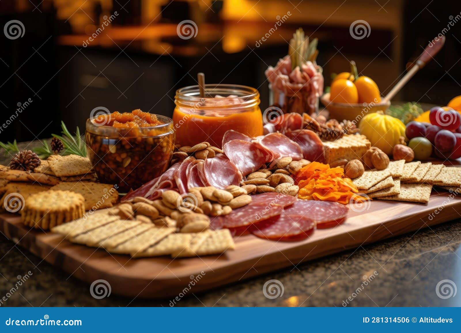 Charcuterie Board with Cured Meats, Crackers, and Nuts Stock Photo