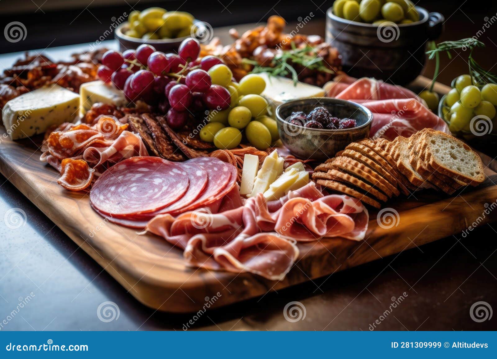 Charcuterie Board with Cured Meats and Olives Stock Image Image of