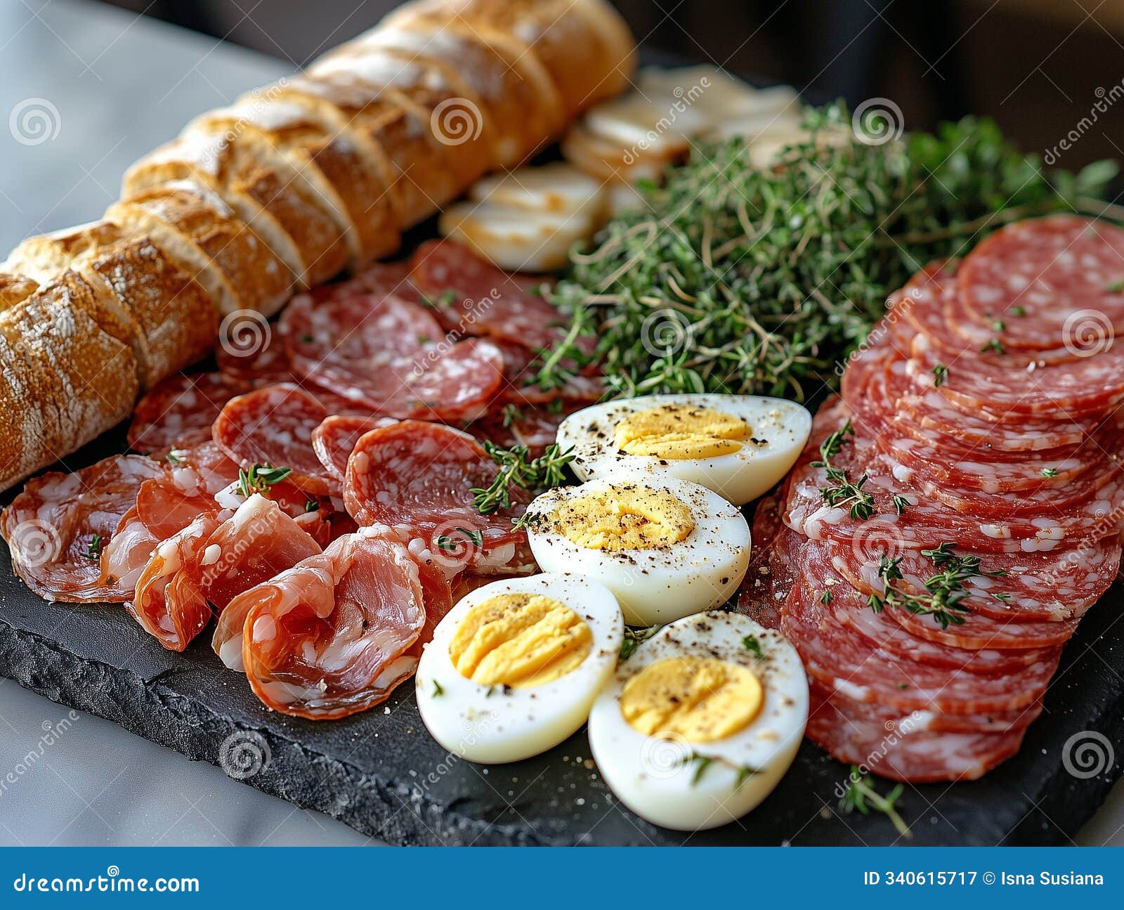 charcuterie board with sliced eggs, salami, and fresh greens