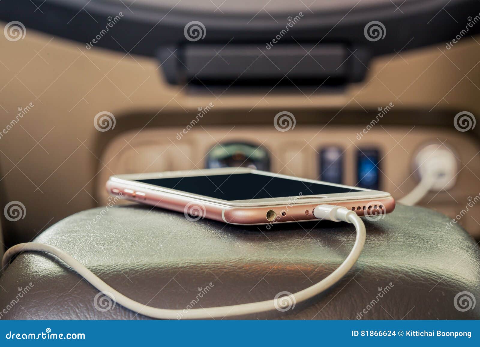 Charger plug phone on car. stock photo. Image of card