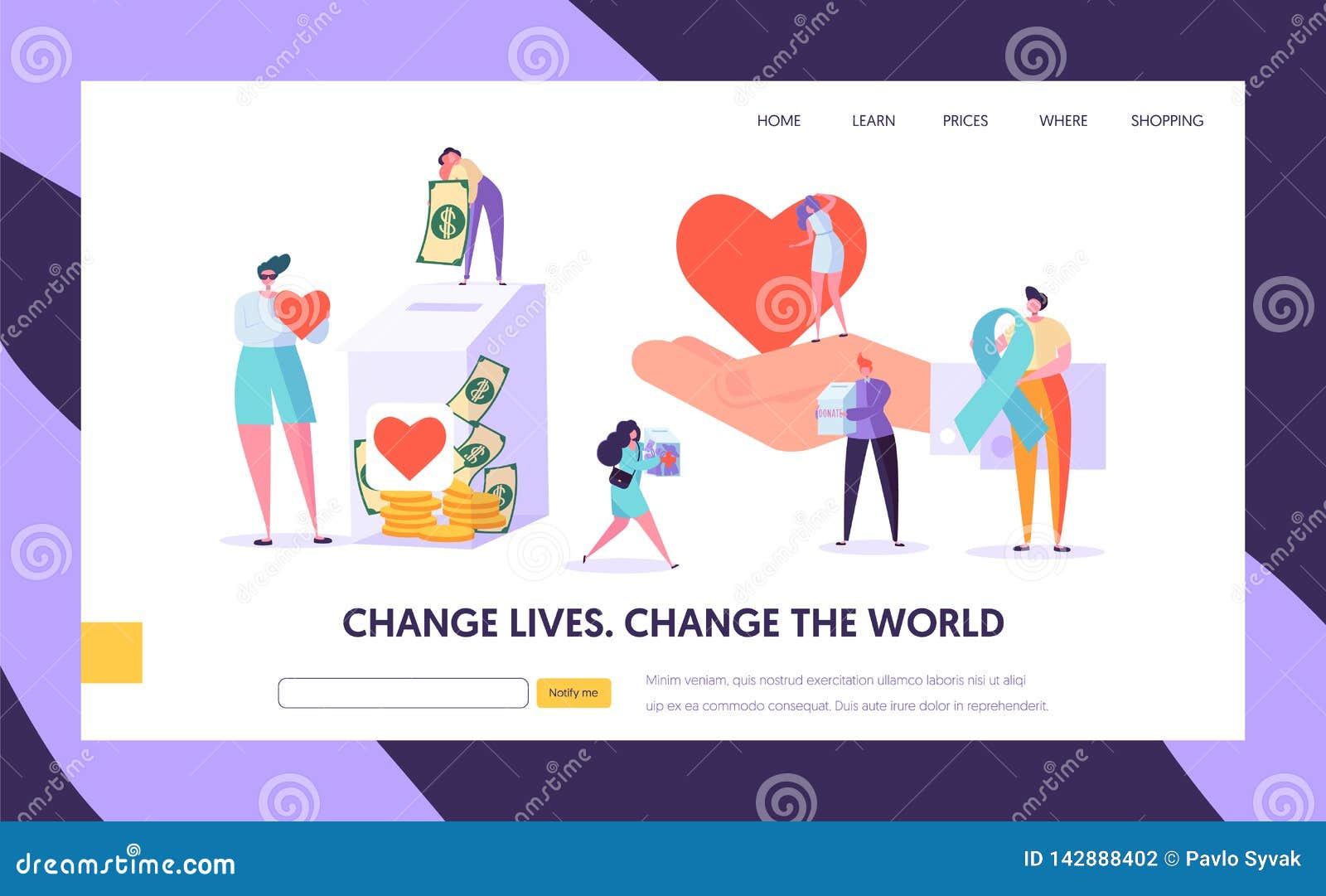 charity donation change the world landing page. give hope for needing help character and save life. donate healthy