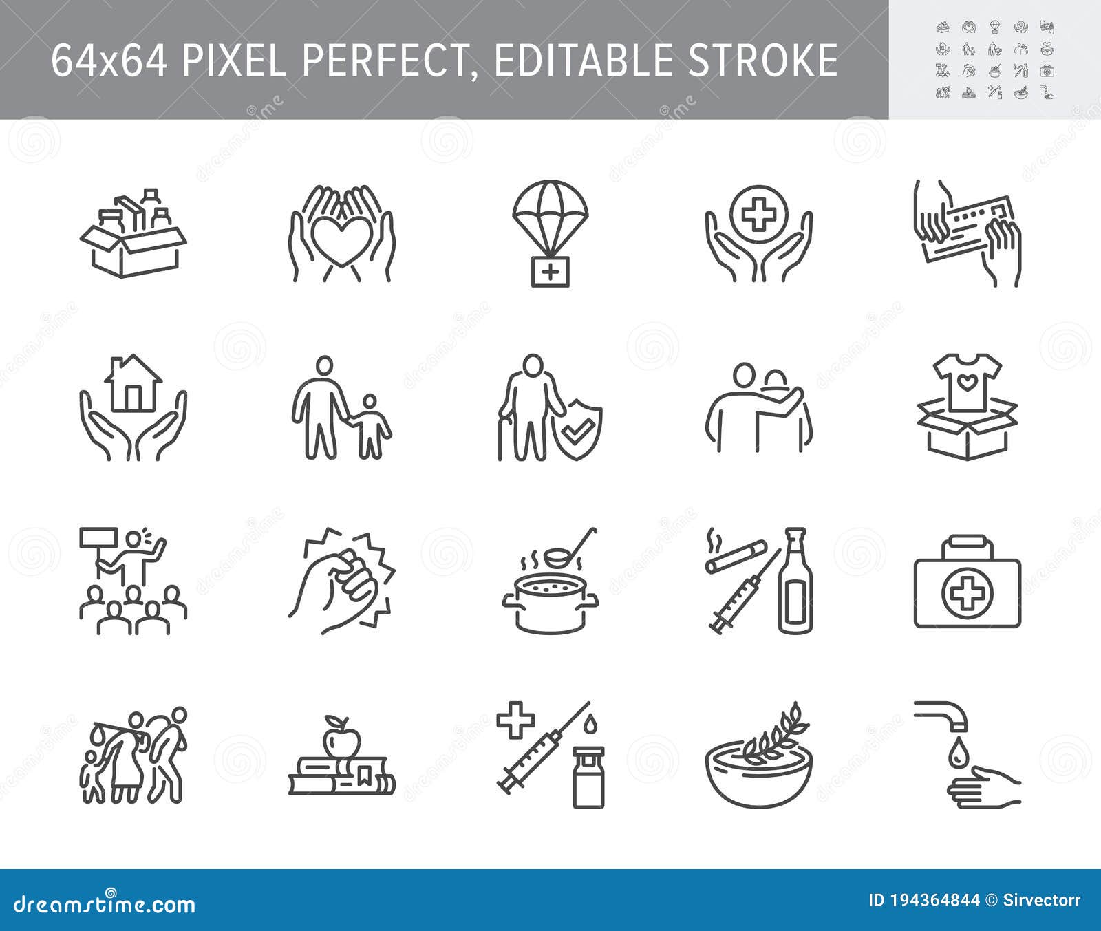 charity, social worker line icons.   included icon as donate food, humanitarian aid, pantry, homeless