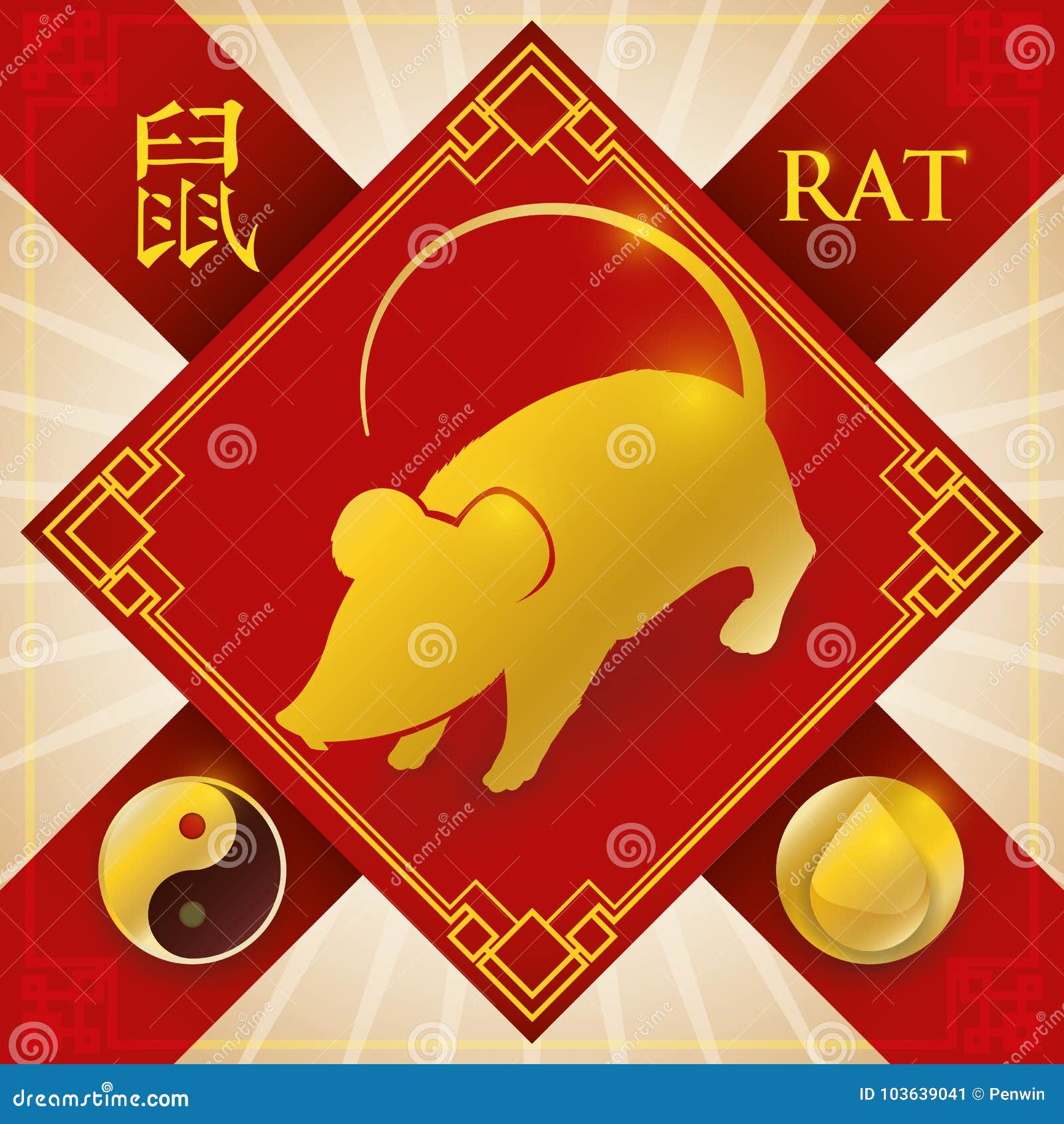 Charm with Chinese Zodiac Rat, Water Element and Yang Symbol, Vector