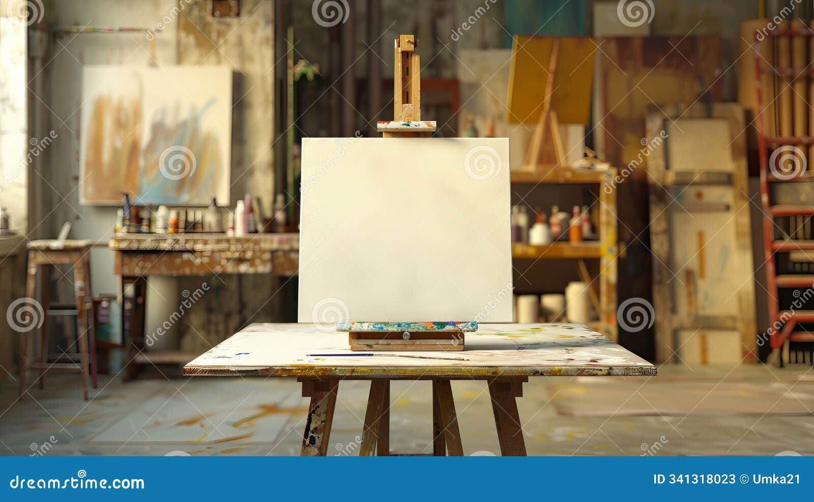 charming artist's studio with blank canvas and rustic decor captures creative atmosphere