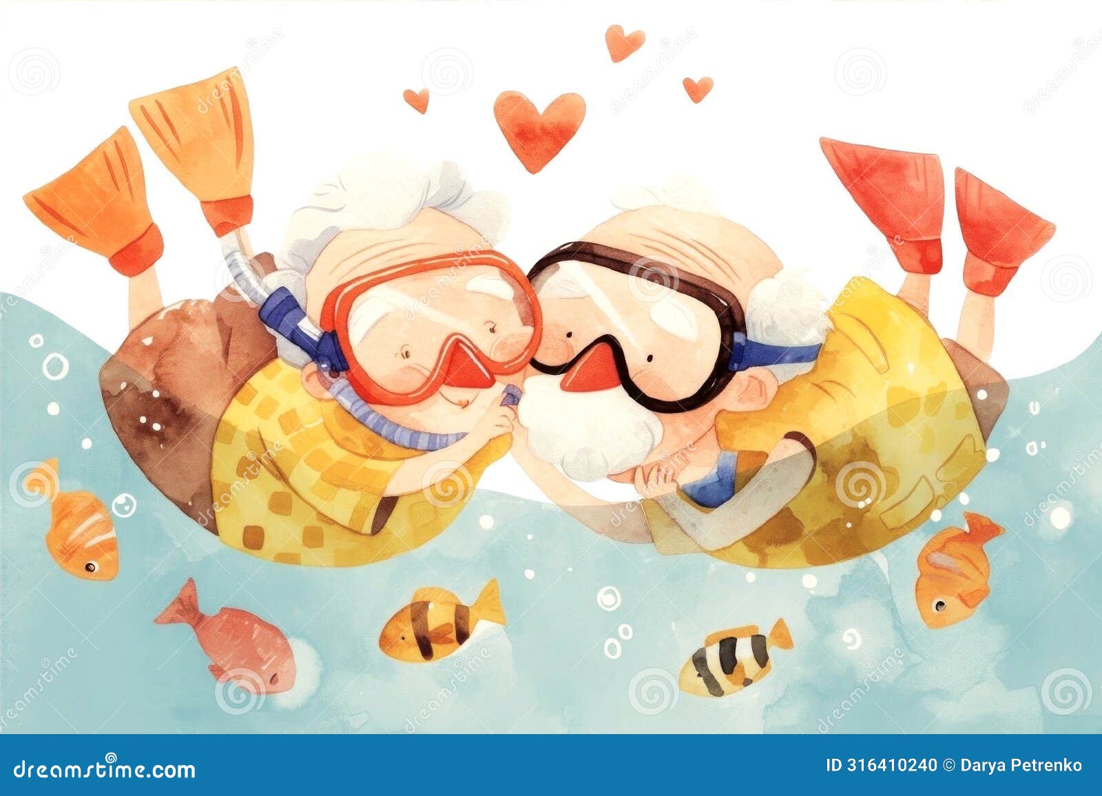 charming artwork capturing a sweet moment between an elderly couple snorkeling