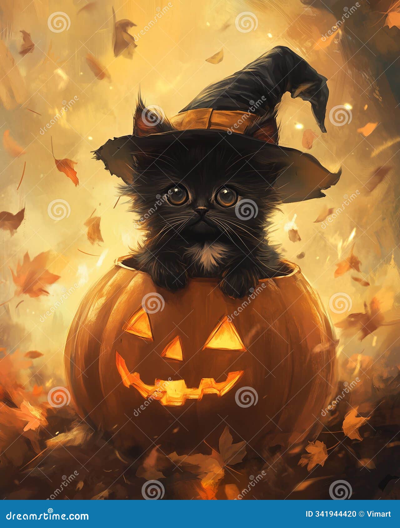 a charming black kitten wearing a witch's hat peeks out from a carved pumpkin, creating a playful and spooky halloween scene