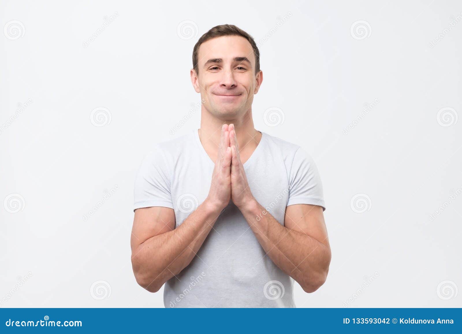 Charming Boyfriend, Smiling with Praying or Begging Gesture and Asking ...