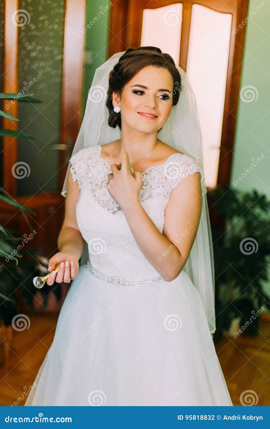 Charming Bride in White Dress Using Perfume before Wedding Ceremony Stock Photo Image