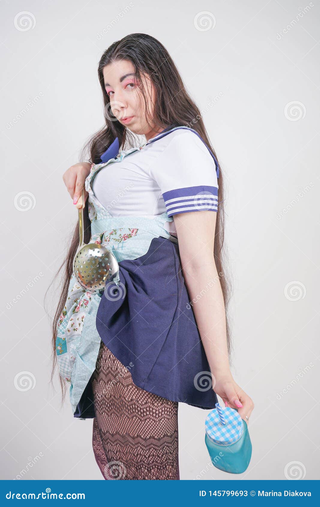 Charming Brunette Cooking Girl in Anime School Uniform and Kitchen Apron on  White Background in Studio Stock Image - Image of food, lace: 145799693