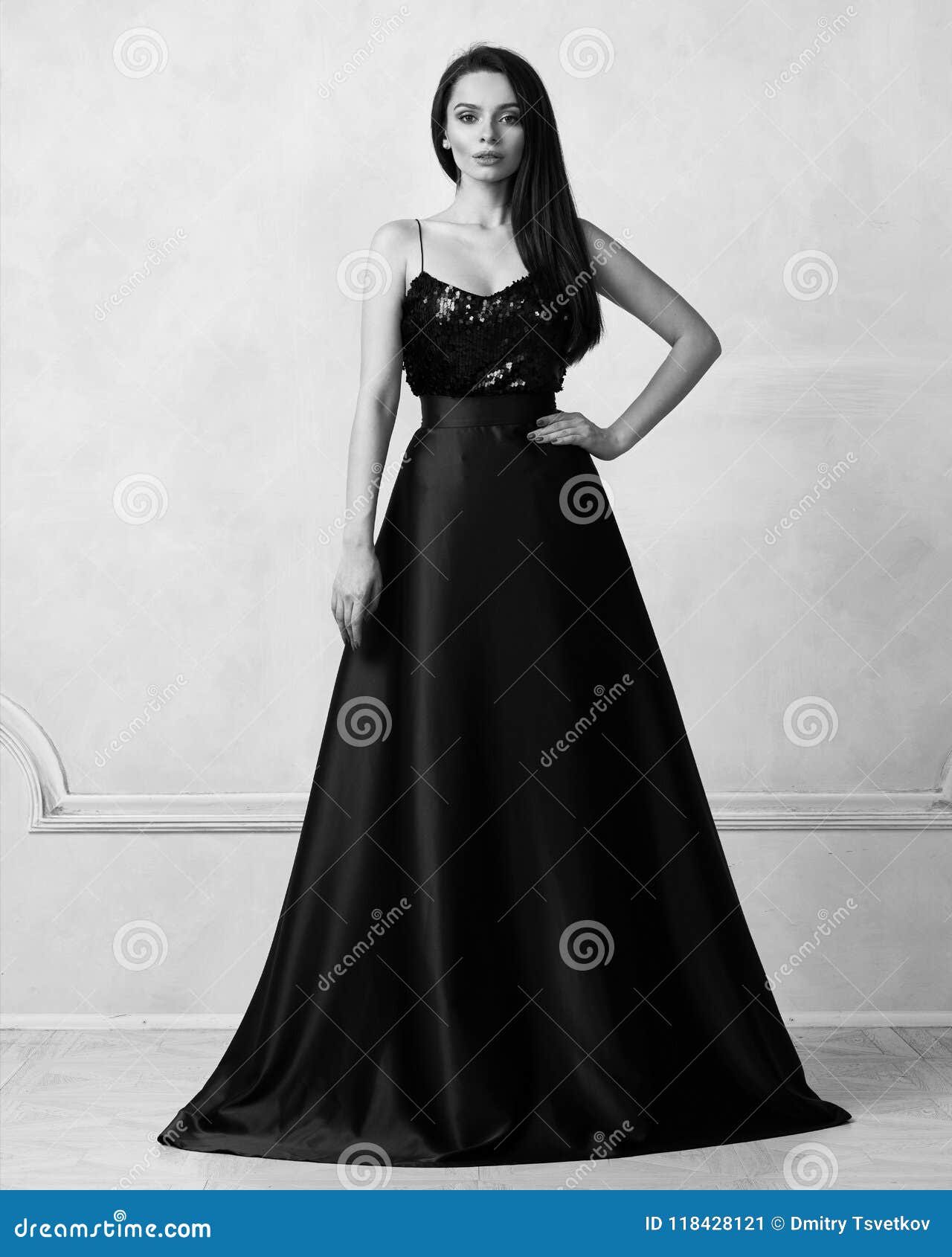 Young Woman in Formal Dress with Black Sequin Top and Purple Sa Stock ...