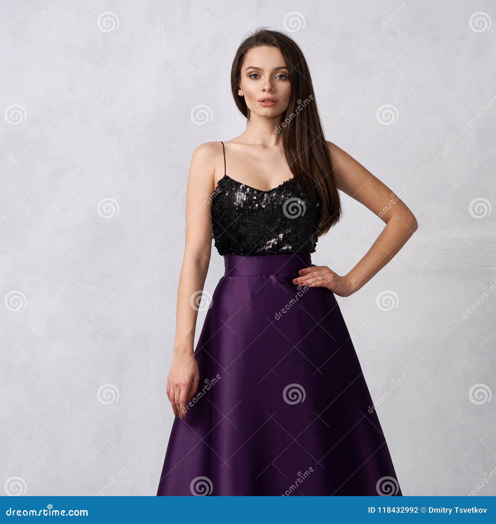 Young Woman in Formal Dress with Black Sequin Top and Purple Sa Stock Photo  - Image of gown, luxury: 118432992
