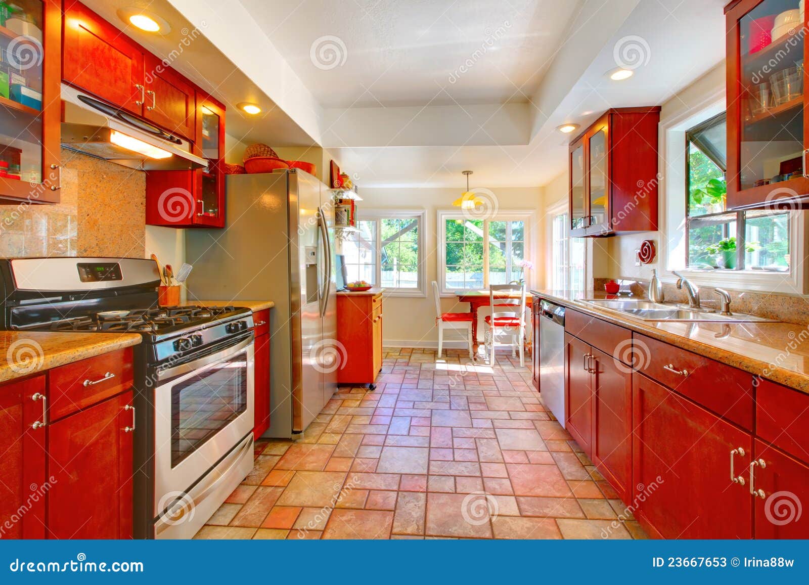 Charming Cherry Wood Kitchen with Tile Floor. Stock Image Image of