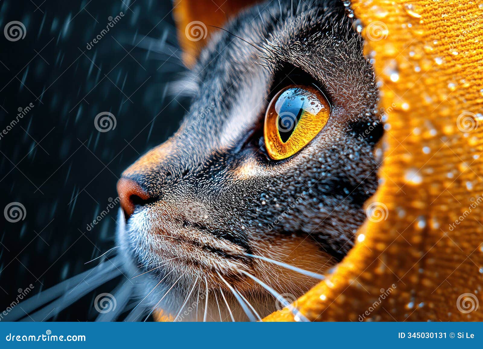 cute cat in yellow raincoat on rainy autumn day - closeup texture background