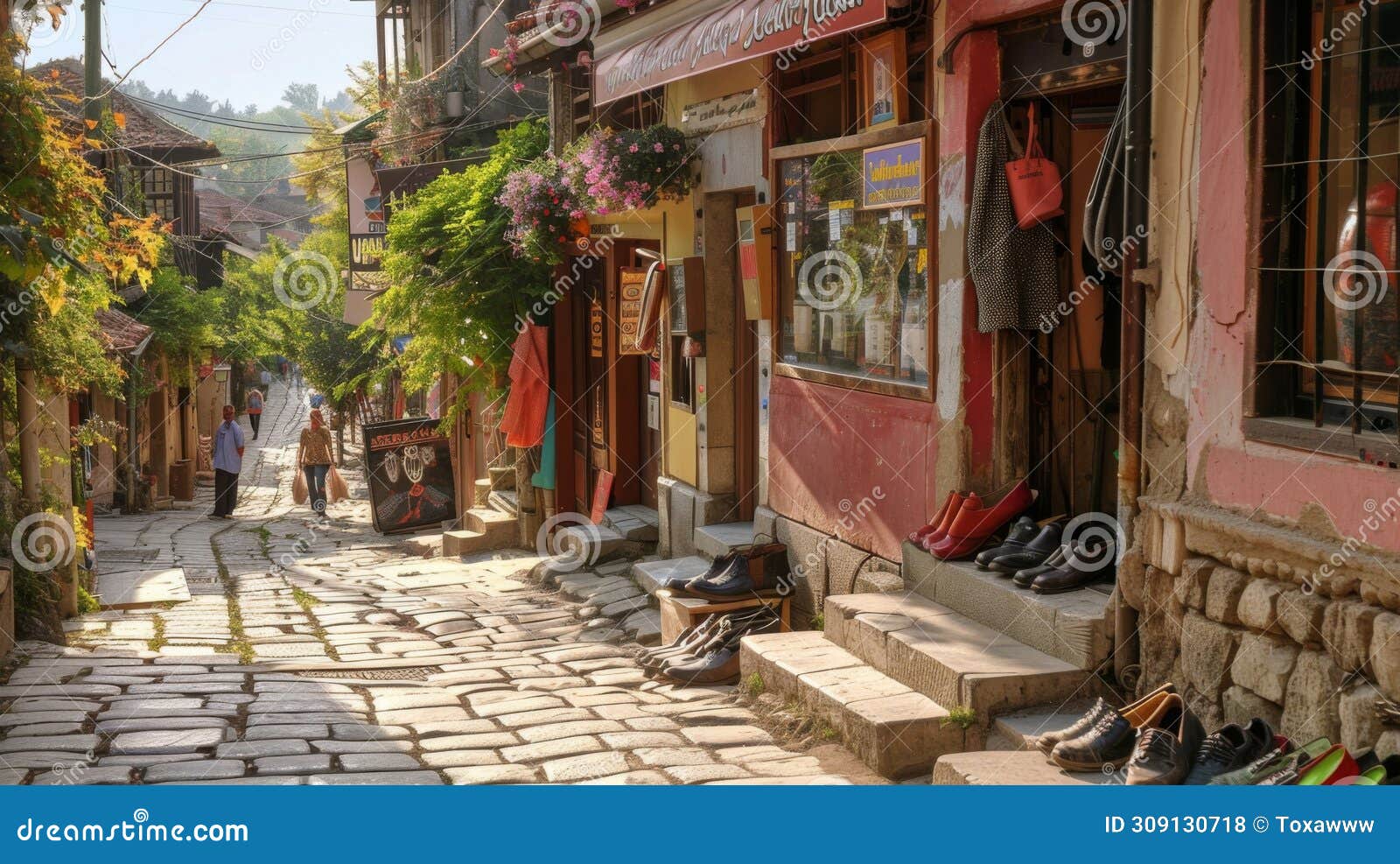 quaint old town street with cobblestone path and storefronts
