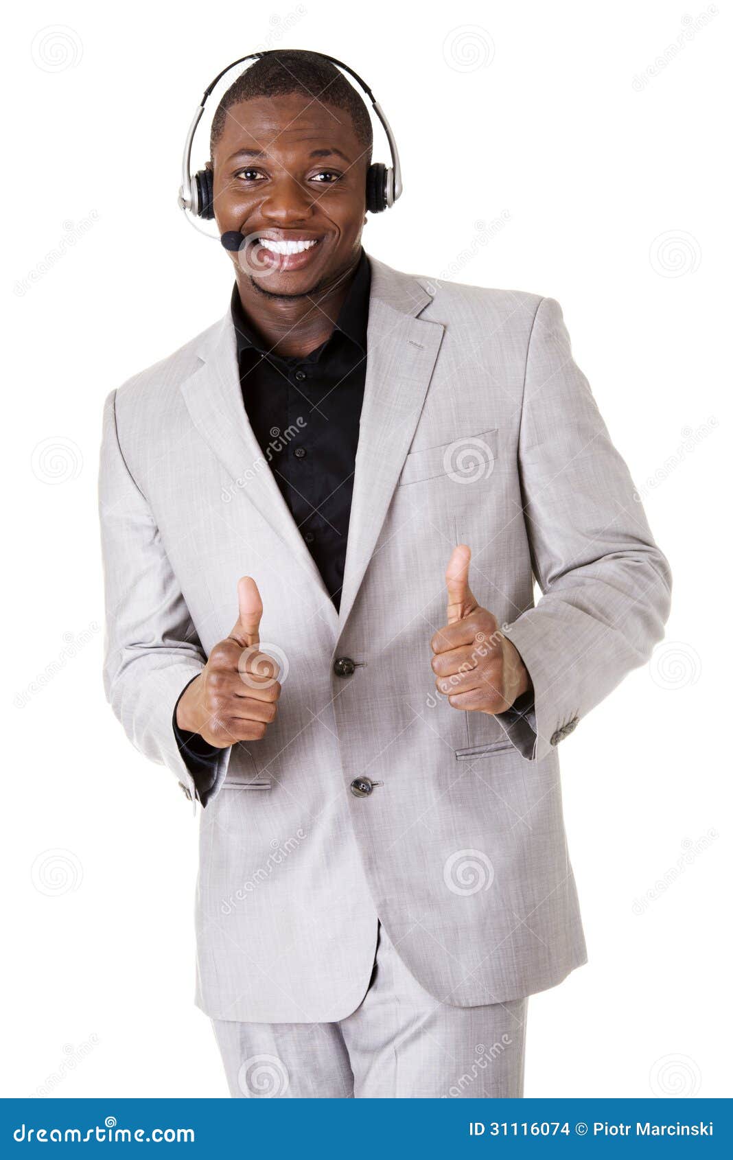 Charming Customer Service Representative Gesturing Thumbs Up. Stock