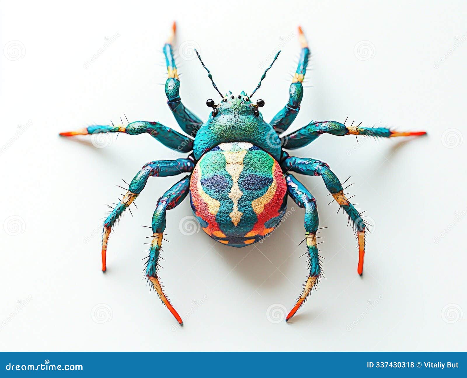 charming depiction captures the peacock spider's vibrant patterns created from layered paper, illuminated by bright