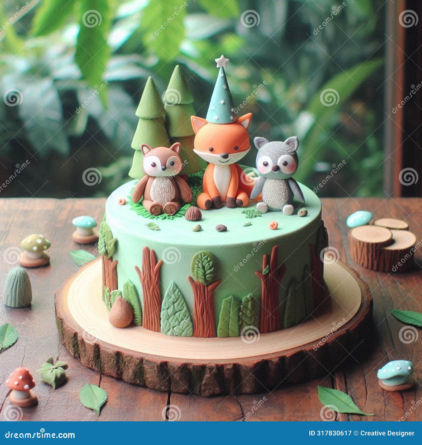 a charming forest-themed cake featuring woodland creatures