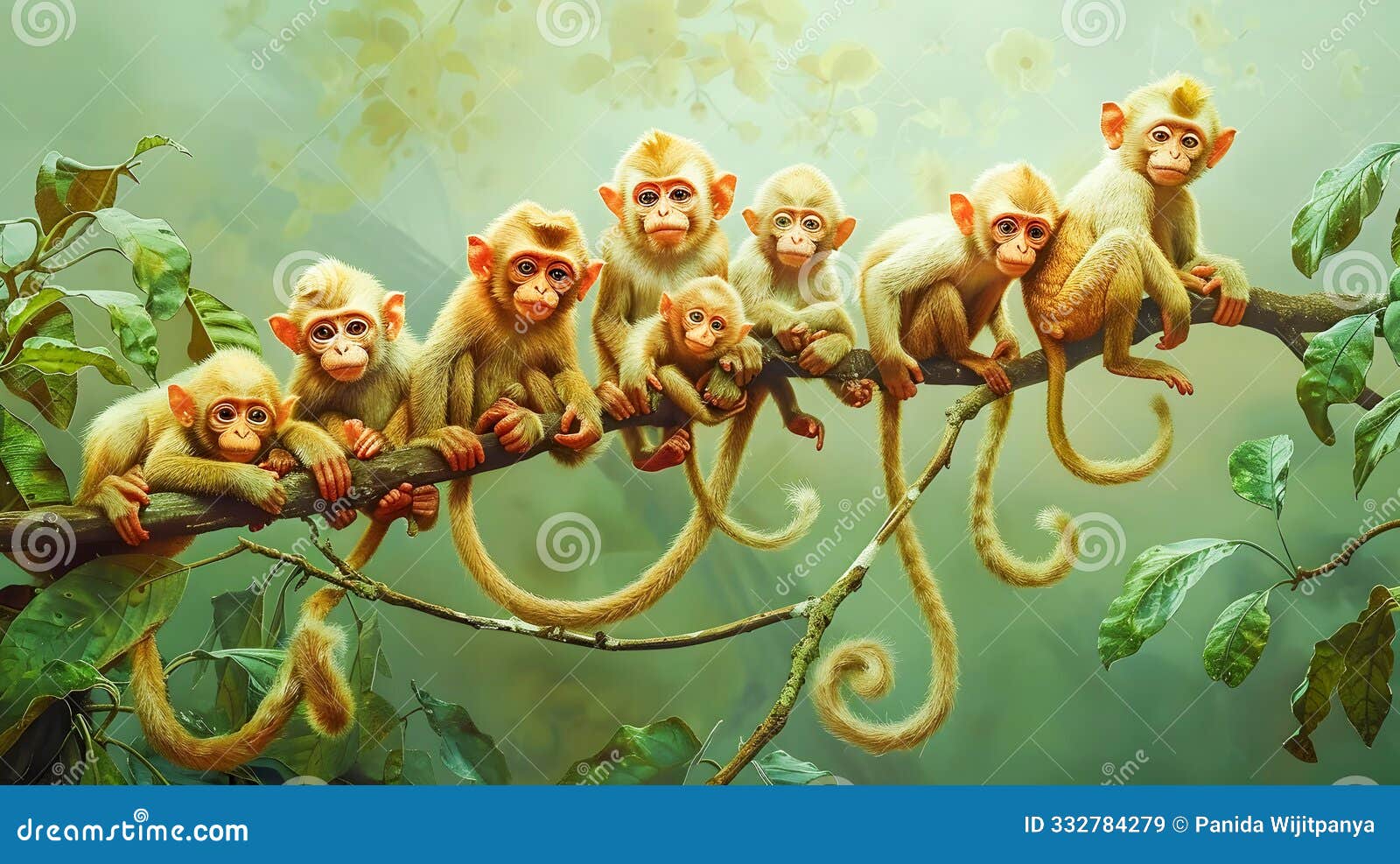 a charming group of fantastical monkeys perched together on a whimsical curvy tree branch in a lush imaginative forest setting